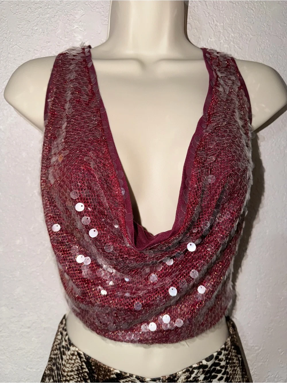 Two Piece Set Sequin Cowl Neck & Snake Skin Shorts